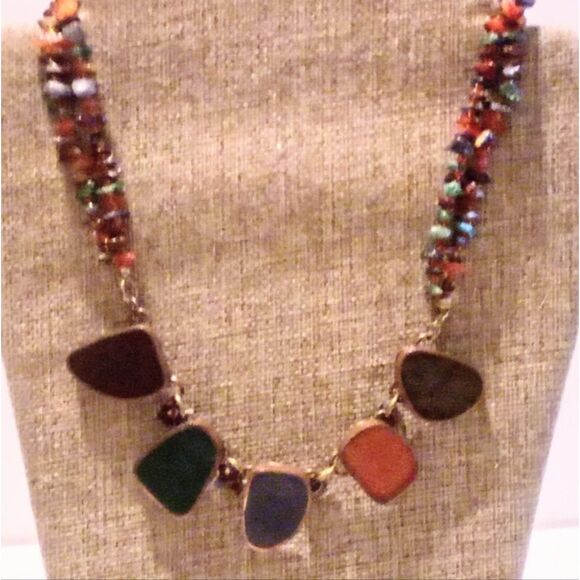 Multi Gemstone Chip and Slab Beaded Necklace * - Picture 1 of 5